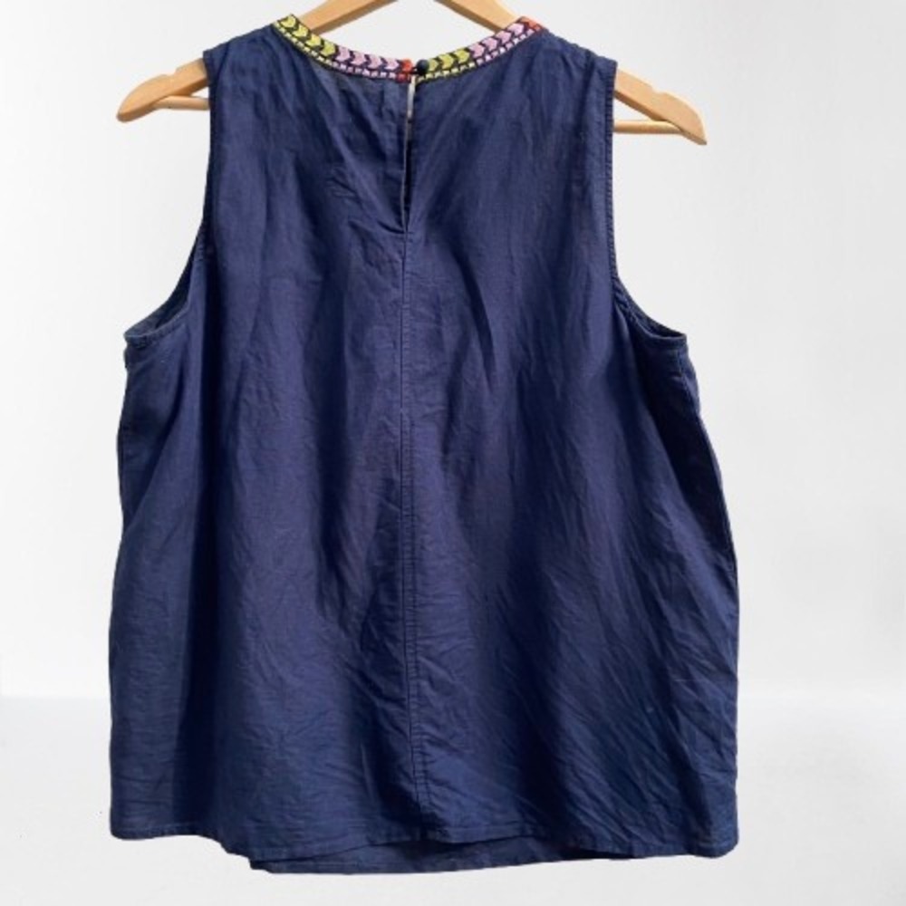 J. Crew Navy Blue Floral Embroidered Sleeveless Linen Tank Top Size 8 - Picture 3 of 4